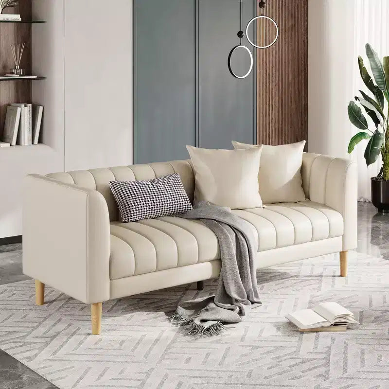 Sofás de piel sintética de 78 pulgadas de ancho con 2 cojines decorativos, estilo moderno de mediados de siglo, sofá de 3 plazas y patas de madera maciza, fácil montaje, para sala de estar y dormitorio