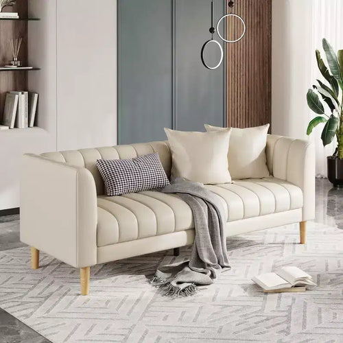 Sofás de piel sintética de 78 pulgadas de ancho con 2 cojines decorativos, estilo moderno de mediados de siglo, sofá de 3 plazas y patas de madera maciza, fácil montaje, para sala de estar y dormitorio
