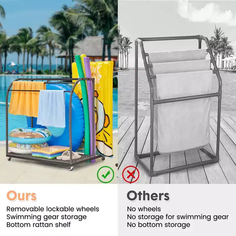 Toallero de piscina para exteriores, toallero de pie de mimbre, organizador de almacenamiento con compartimento para flotadores, churros de piscina, aros de natación