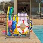 Toallero de piscina para exteriores, toallero de pie de mimbre, organizador de almacenamiento con compartimento para flotadores, churros de piscina, aros de natación