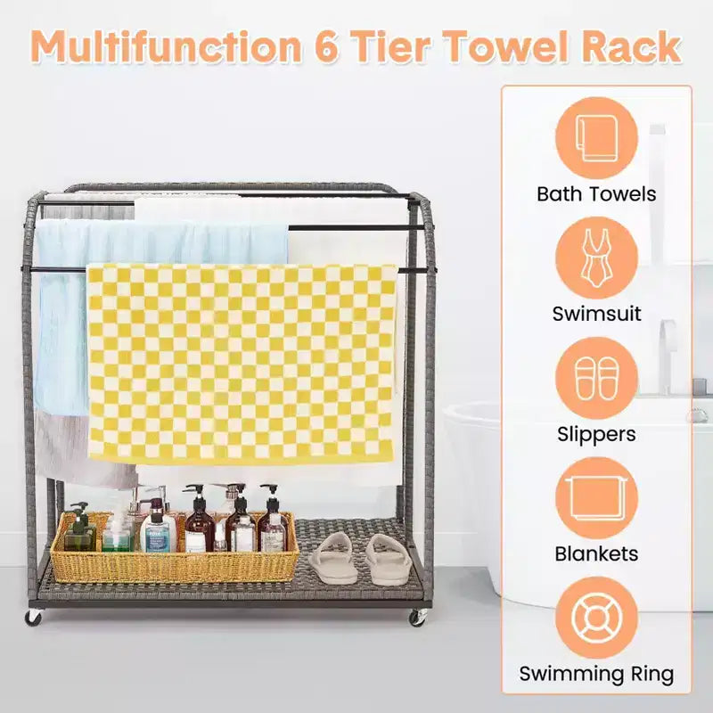 Toallero de piscina para exteriores, toallero de pie de mimbre, organizador de almacenamiento con compartimento para flotadores, churros de piscina, aros de natación