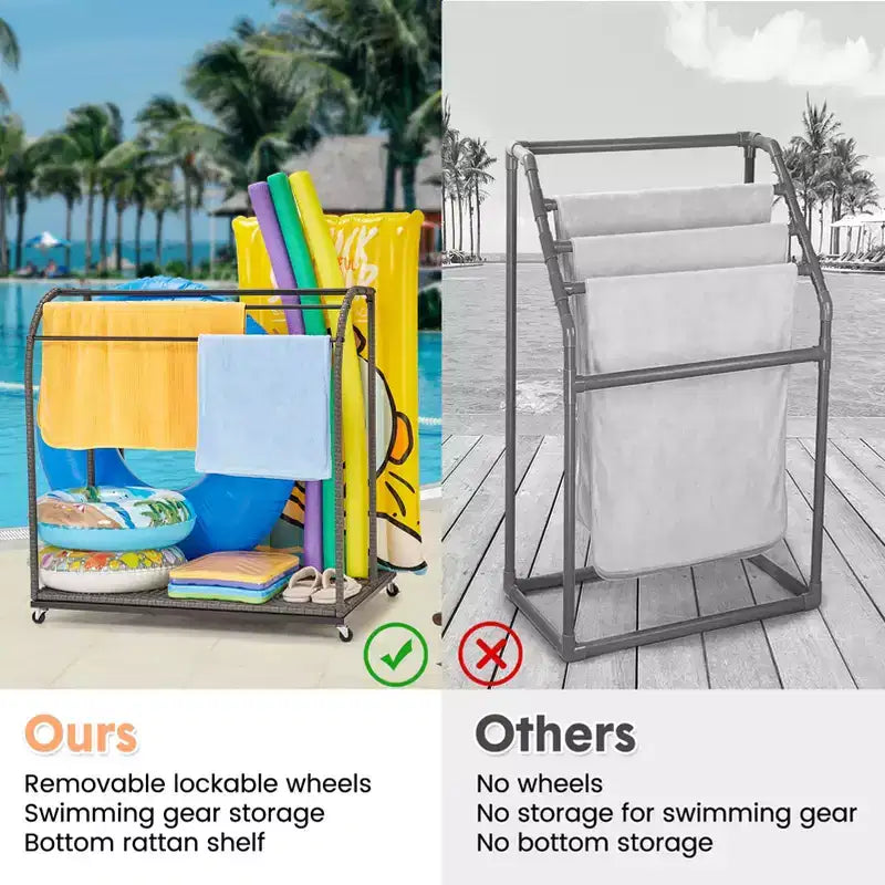 Toallero de piscina para exteriores, toallero de pie de mimbre, organizador de almacenamiento con compartimento para flotadores, churros de piscina, aros de natación