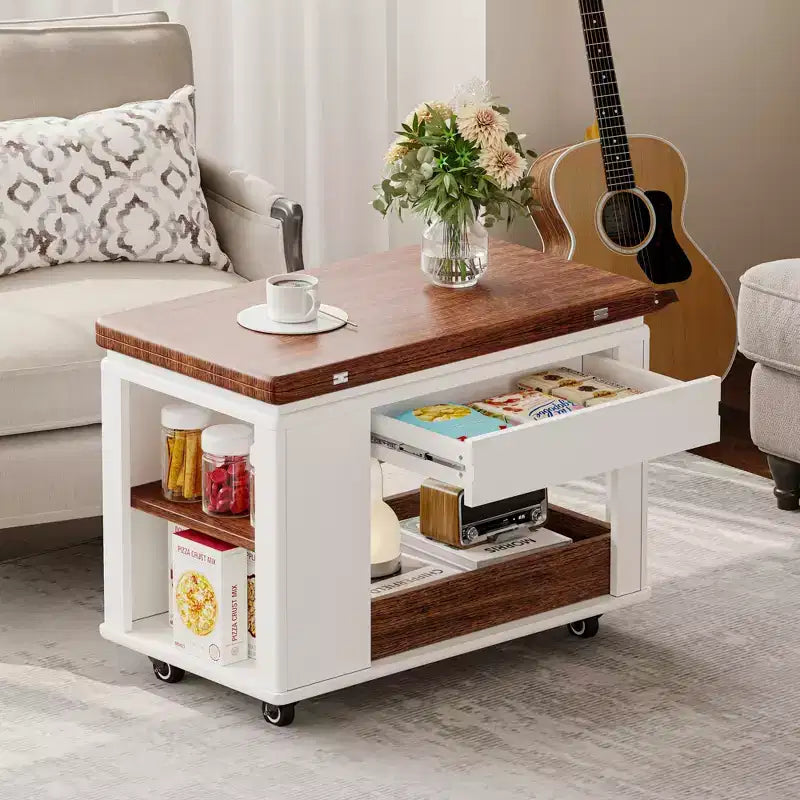 Mesa de centro moderna Bestier de 27.6'', mesa auxiliar multifuncional con parte superior plegable, ruedas, cajón, estante abierto, almacenamiento con compartimento oculto