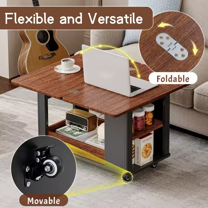 Mesa de centro moderna Bestier de 27.6'', mesa auxiliar multifuncional con parte superior plegable, ruedas, cajón, estante abierto, almacenamiento con compartimento oculto