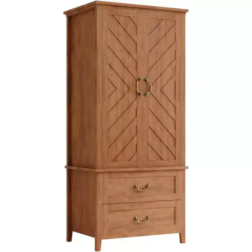 Acekool V Shape Armoire Wardrobe Closet with 2 Doors and Drawers, 71.06 Farmhouse Storage Cabinet for Bedroom, Wood