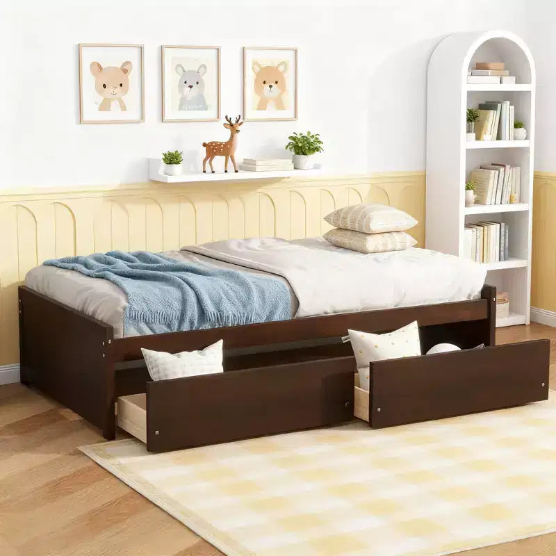 Luxystar Twin Size Wood Bed with 2 Drawers for Guest Rooms and Kids' rooms