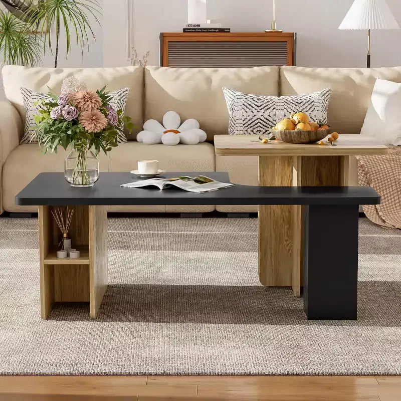 Mesa de centro para sala de estar, juego de 2, de madera natural y acabado moderno, mesas rectangulares anidadas con estante de almacenamiento - Panipeachy