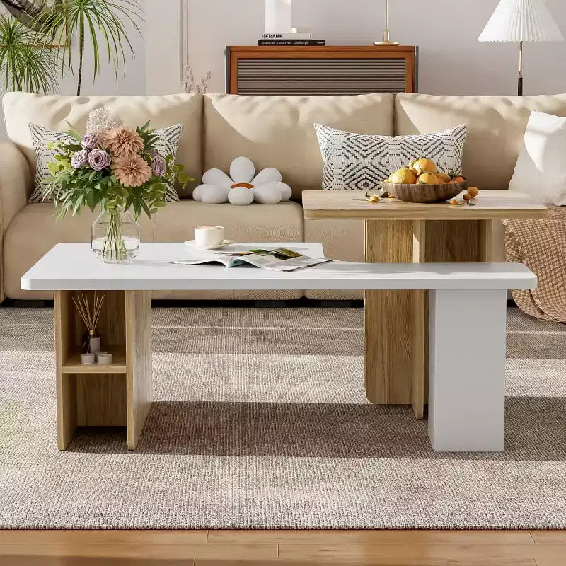 Mesa de centro para sala de estar, juego de 2, de madera natural y acabado moderno, mesas rectangulares anidadas con estante de almacenamiento - Panipeachy