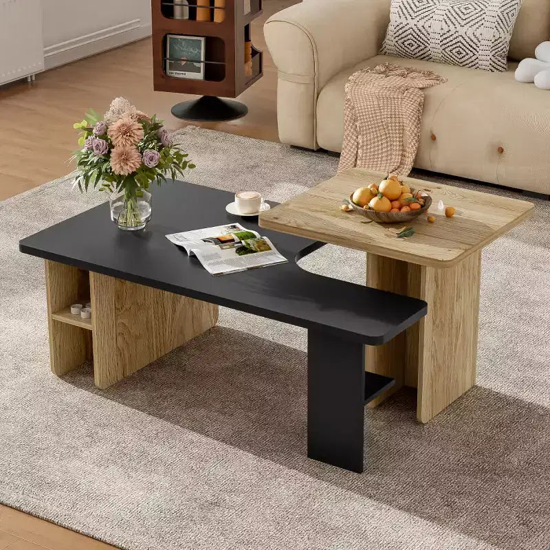Coffee Table for Living Room Set of 2, Natural Wood and Finish Modern Nesting Rectangle Tables with Storage Shelf - Panipeachy