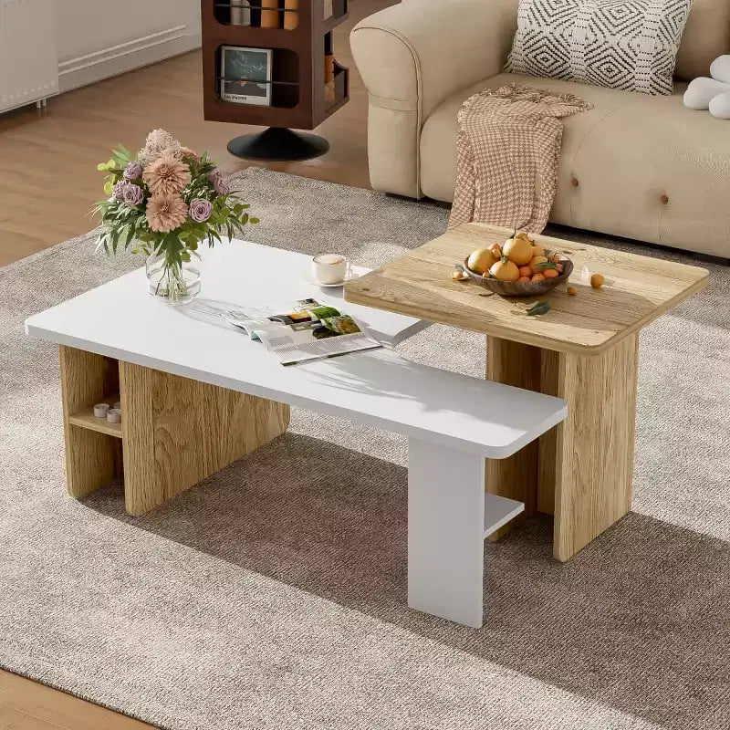 Mesa de centro para sala de estar, juego de 2, de madera natural y acabado moderno, mesas rectangulares anidadas con estante de almacenamiento - Panipeachy
