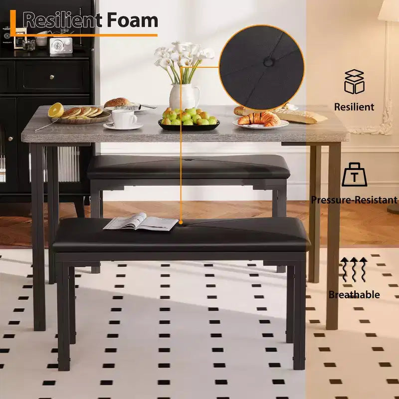 Juego de comedor para 4, mesa de cocina de 3 piezas con 2 bancos tapizados, juego de comedor que ahorra espacio para rincones de desayuno y espacios pequeños, para interiores y exteriores