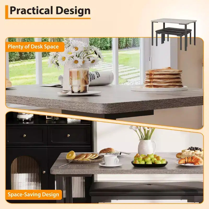 Juego de comedor para 4, mesa de cocina de 3 piezas con 2 bancos tapizados, juego de comedor que ahorra espacio para rincones de desayuno y espacios pequeños, para interiores y exteriores