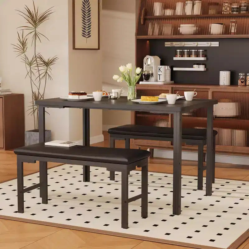 Juego de comedor para 4, mesa de cocina de 3 piezas con 2 bancos tapizados, juego de comedor que ahorra espacio para rincones de desayuno y espacios pequeños, para interiores y exteriores