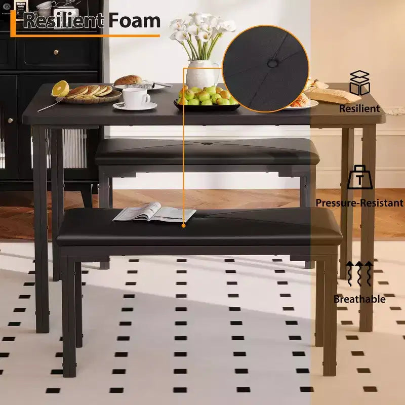 Juego de comedor para 4, mesa de cocina de 3 piezas con 2 bancos tapizados, juego de comedor que ahorra espacio para rincones de desayuno y espacios pequeños, para interiores y exteriores