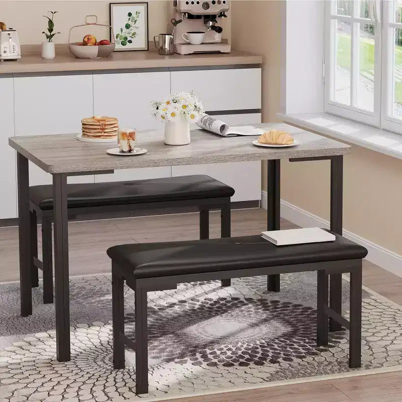 Juego de comedor para 4, mesa de cocina de 3 piezas con 2 bancos tapizados, juego de comedor que ahorra espacio para rincones de desayuno y espacios pequeños, para interiores y exteriores
