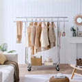 Okak Double Storage Rack with Shelves, Freestanding Coat Rack On Wheels with Collapsible Design, Hall Tree for Living Room, Bedroom, Silver