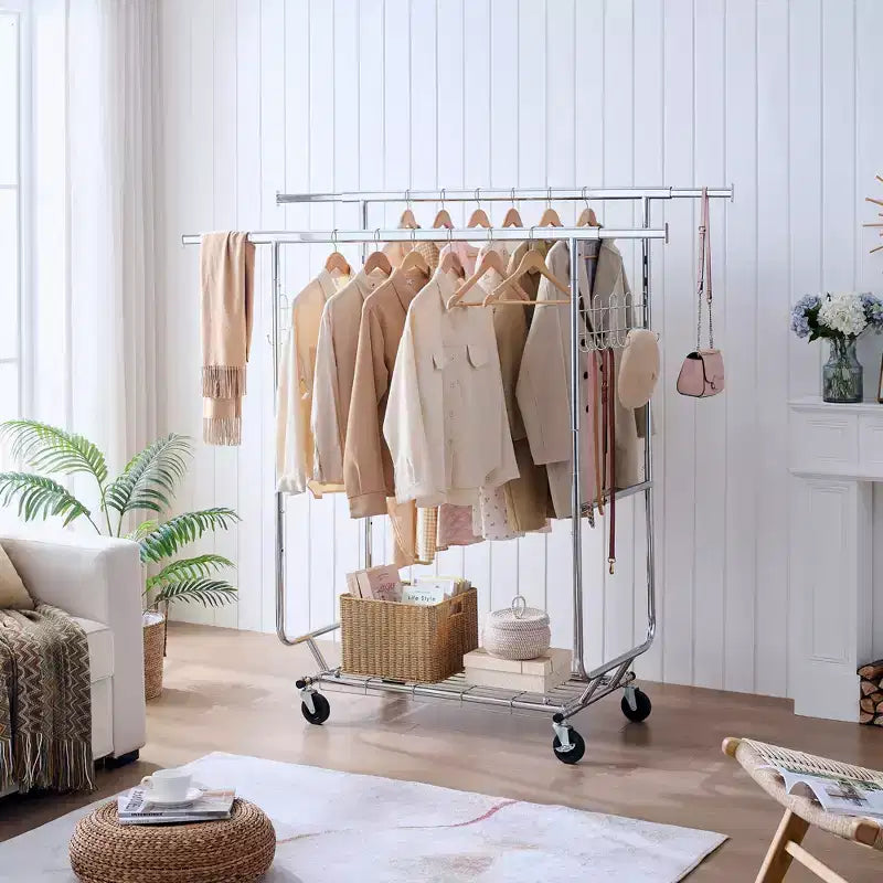 Okak Perchero de Doble Almacenamiento con Estantes, Perchero Independiente con Ruedas y Diseño Plegable, Recibidor para Salón, Dormitorio, Plateado