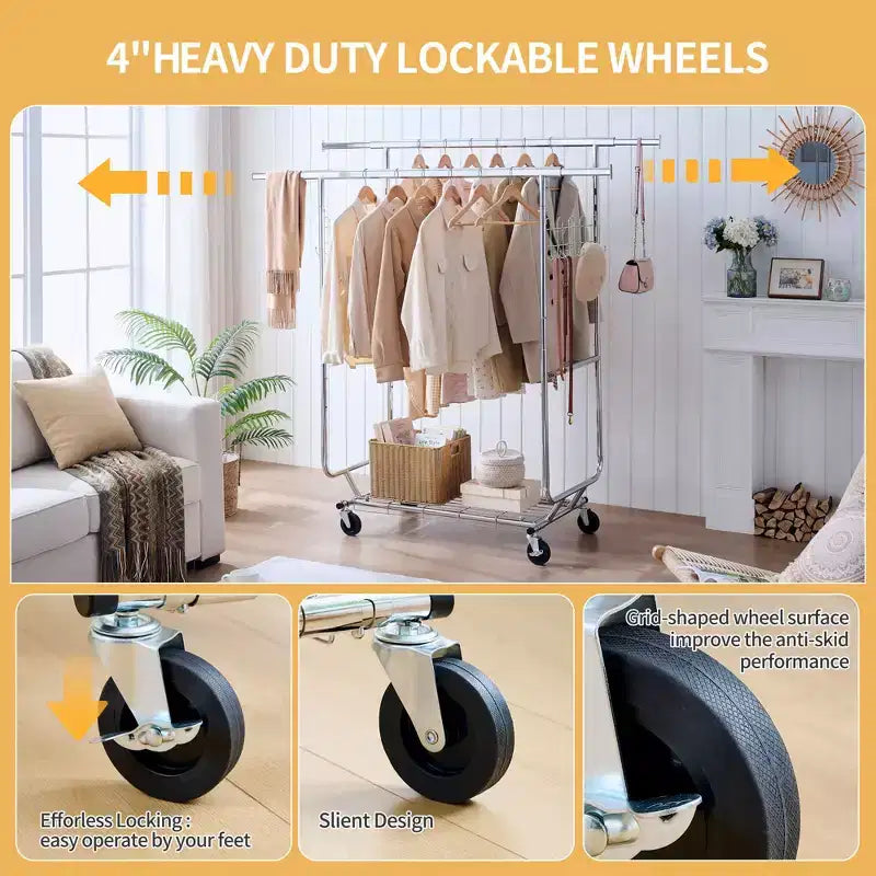 Okak Perchero de Doble Almacenamiento con Estantes, Perchero Independiente con Ruedas y Diseño Plegable, Recibidor para Salón, Dormitorio, Plateado