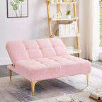 Sofá Cama Convertible, Futón Moderno de Tela de Peluche con Respaldo Ajustable y Almohada, Patas de Metal Dorado para Salas de Estar Pequeñas