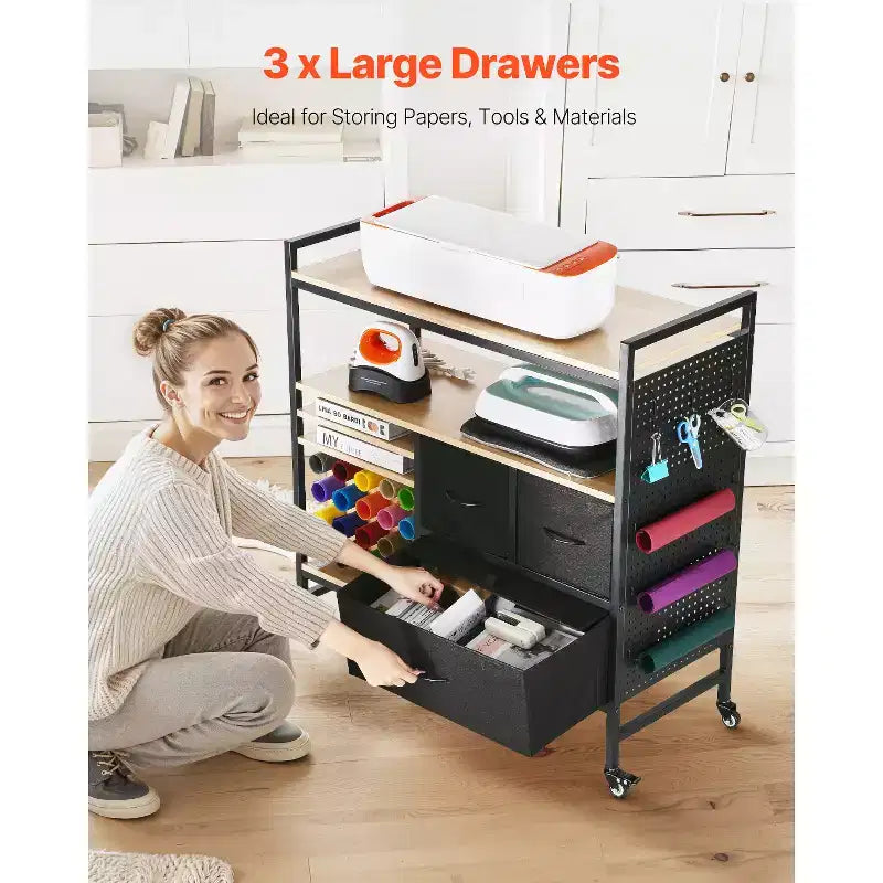 Carro y mesa de almacenamiento VEVOR Rolling Craft, compatible con máquinas Cricut, estación de trabajo organizadora de mesa de manualidades, negro