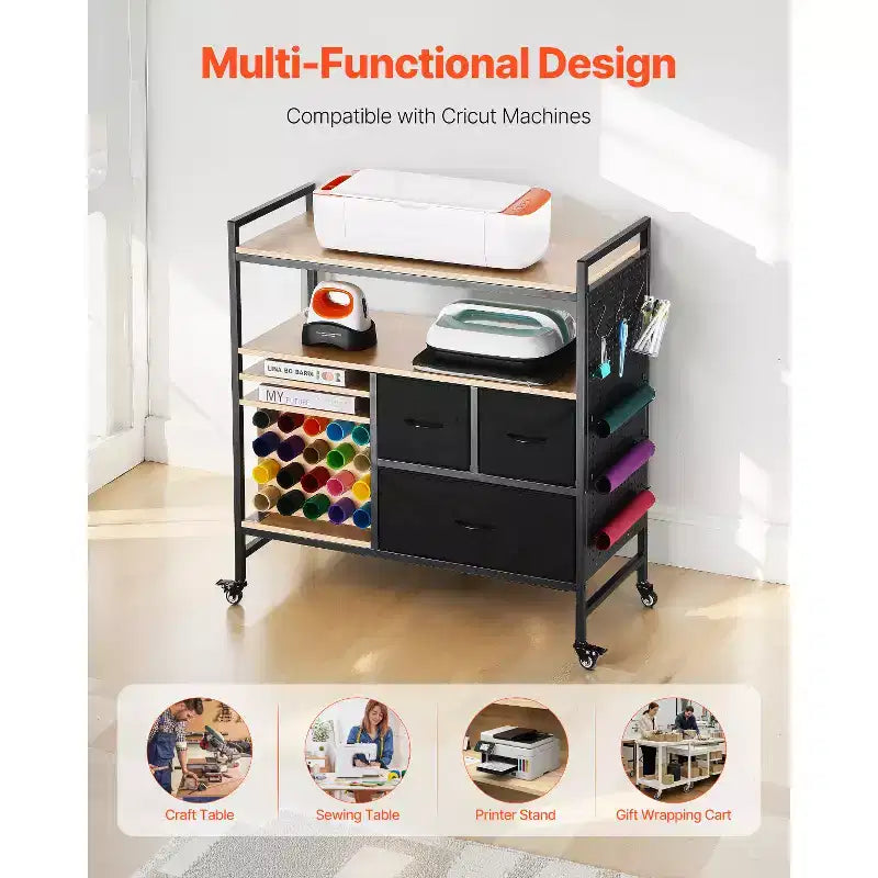 Carro y mesa de almacenamiento VEVOR Rolling Craft, compatible con máquinas Cricut, estación de trabajo organizadora de mesa de manualidades, negro