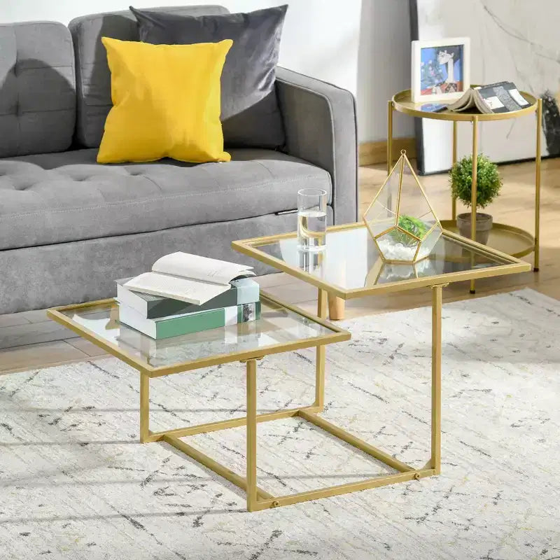 Mesa de centro, mesa de centro de vidrio templado con 2 tableros cuadrados, mesas de centro modernas para sala de estar, dormitorio