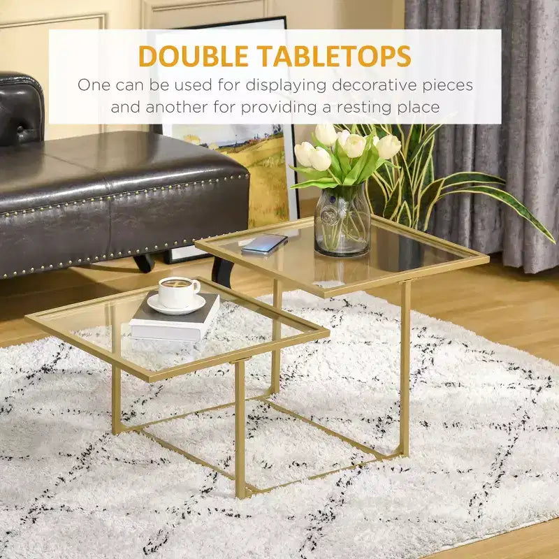 Mesa de centro, mesa de centro de vidrio templado con 2 tableros cuadrados, mesas de centro modernas para sala de estar, dormitorio