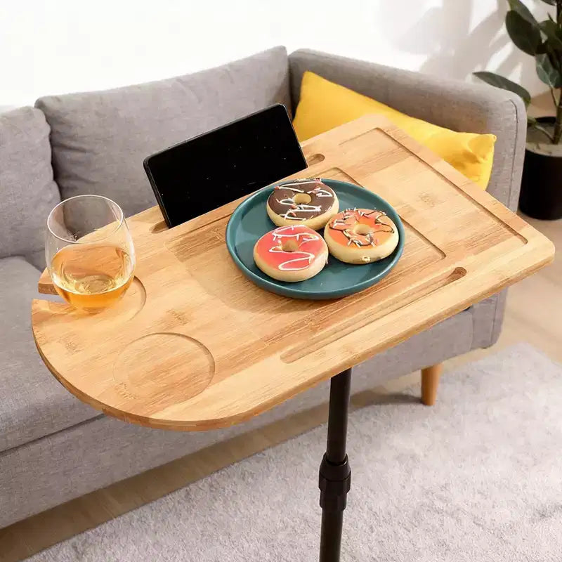 Mesas auxiliares de bambú con altura ajustable para sofá, mesas auxiliares ovaladas de metal en forma de C con ranuras para sala de estar y dormitorio, montaje sencillo, natural