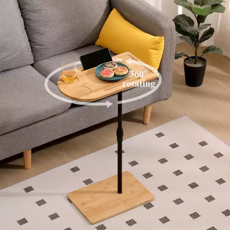 Mesas auxiliares de bambú con altura ajustable para sofá, mesas auxiliares ovaladas de metal en forma de C con ranuras para sala de estar y dormitorio, montaje sencillo, natural