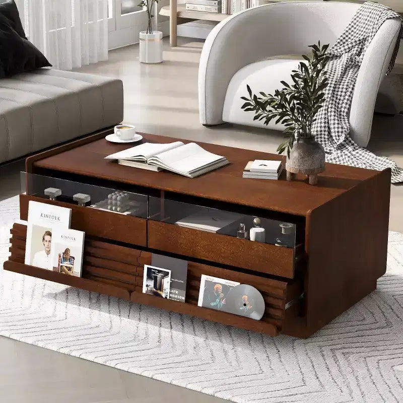 47.2 Mesa de centro rectangular moderna con 4 cajones, 2 estantes de exhibición y tapa de vidrio templado - Panipeachy