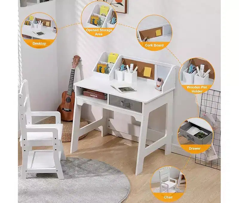 Juego de escritorio y silla para niños, mesa de estudio de madera con contenedores de almacenamiento, estantería, tablón de anuncios y portalápices, mesa de escritura para niños y niñas