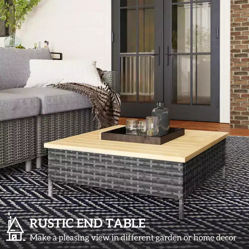 Mesa auxiliar para exteriores con ratán PE, mesa auxiliar de patio con parte superior de madera de abeto natural, mesa decorativa resistente a la intemperie para patio, piscina, porche