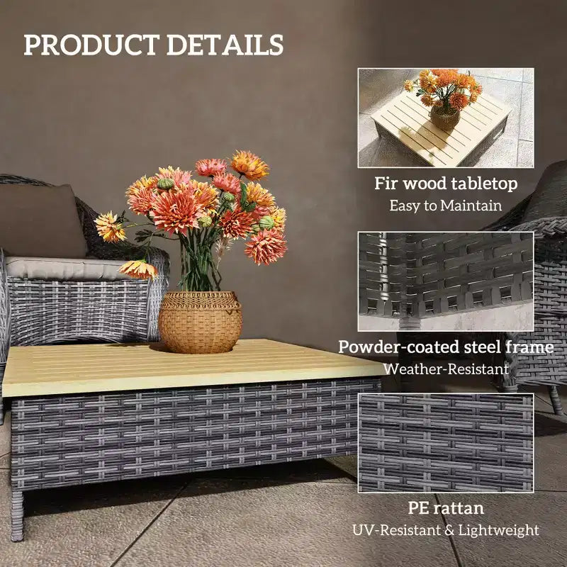 Mesa auxiliar para exteriores con ratán PE, mesa auxiliar de patio con parte superior de madera de abeto natural, mesa decorativa resistente a la intemperie para patio, piscina, porche
