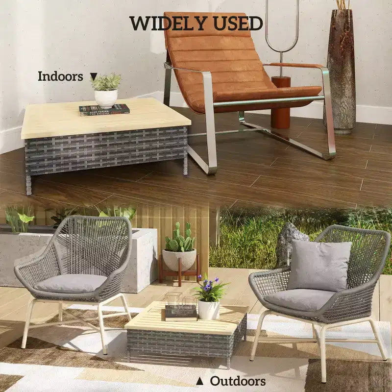 Mesa auxiliar para exteriores con ratán PE, mesa auxiliar de patio con parte superior de madera de abeto natural, mesa decorativa resistente a la intemperie para patio, piscina, porche