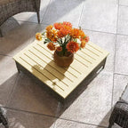 Mesa auxiliar para exteriores con ratán PE, mesa auxiliar de patio con parte superior de madera de abeto natural, mesa decorativa resistente a la intemperie para patio, piscina, porche