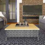 Mesa auxiliar para exteriores con ratán PE, mesa auxiliar de patio con parte superior de madera de abeto natural, mesa decorativa resistente a la intemperie para patio, piscina, porche