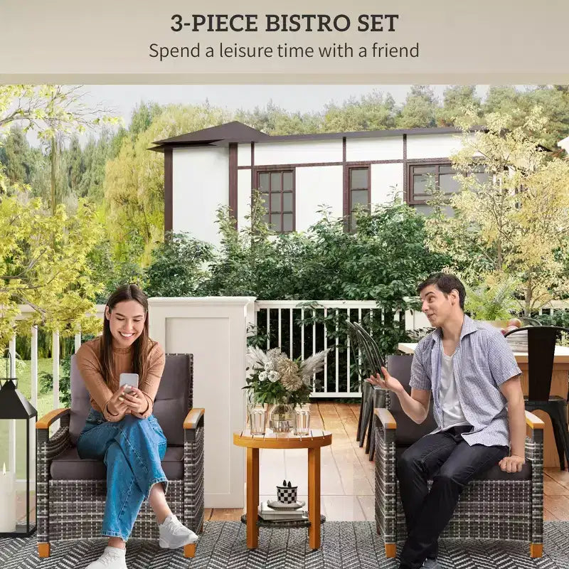 Juego de bistró para exteriores, muebles de patio de mimbre con cojines para porche, jardín