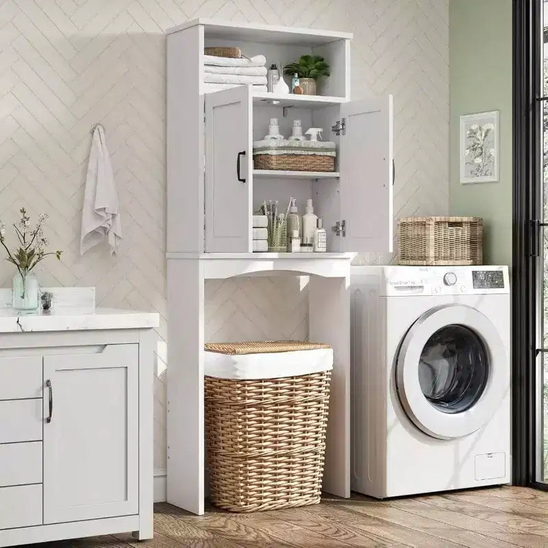Armario de almacenamiento para colocar sobre el inodoro, estante para ahorrar espacio, organizador de baño blanco con estante ajustable y puertas dobles