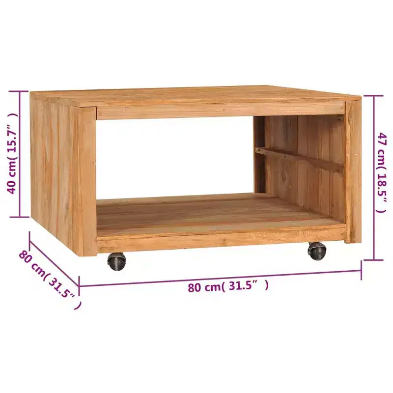 vidaXL Mesa de Centro Mesa Auxiliar Mesa de Sofá con Ruedas Madera Maciza de Teca - 80 x 80 x 40 cm
