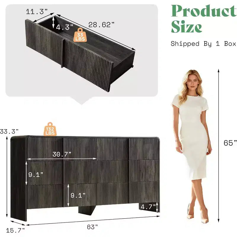 AMERLIFE Cómoda moderna estriada con tiradores de pino, esquinas redondeadas y antivuelco, organizador de almacenamiento de madera de 48 para salón