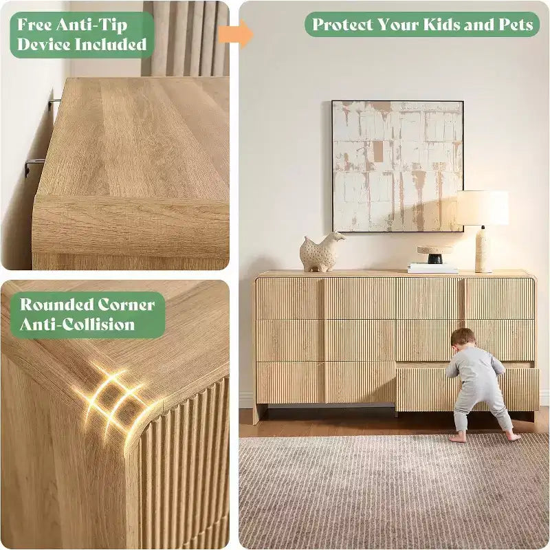 AMERLIFE Cómoda moderna estriada con tiradores de pino, esquinas redondeadas y antivuelco, organizador de almacenamiento de madera de 48 para salón