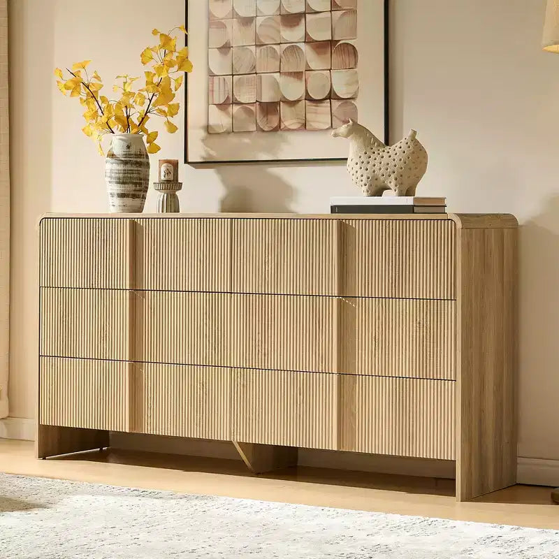 AMERLIFE Cómoda moderna estriada con tiradores de pino, esquinas redondeadas y antivuelco, organizador de almacenamiento de madera de 48 para salón