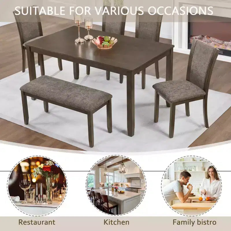 Juego de comedor de 6 piezas GDFStudio Eira Farmhouse con mesa rectangular de madera de caucho, 1 banco y 4 sillas tapizadas en lino