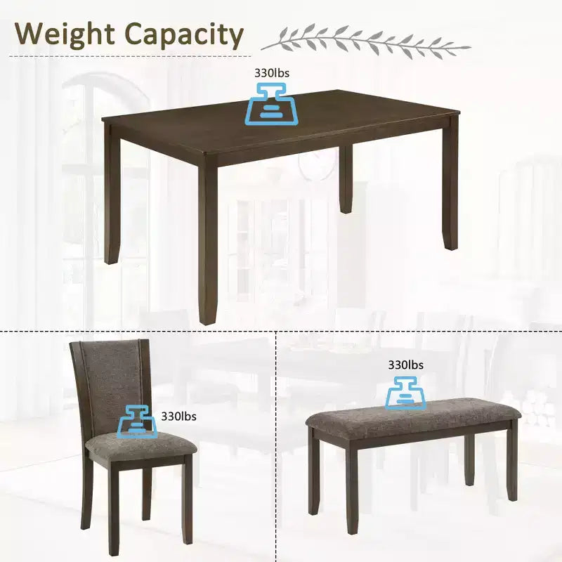 Juego de comedor de 6 piezas GDFStudio Eira Farmhouse con mesa rectangular de madera de caucho, 1 banco y 4 sillas tapizadas en lino