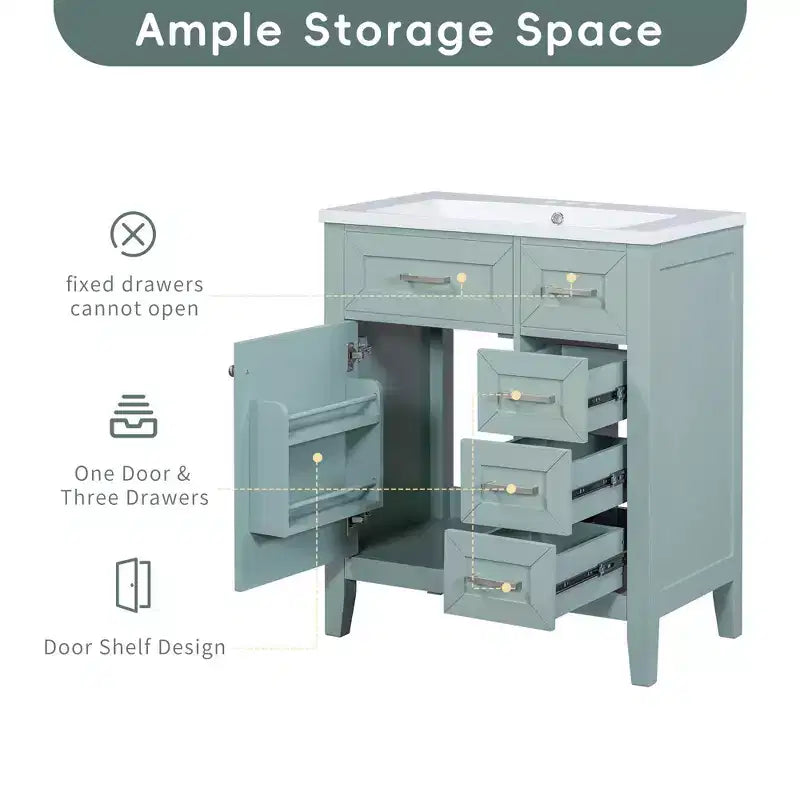 MAYEERTY 30 Mueble bajo de baño sin lavabo, con estructura sólida de MDF y cajones verdes