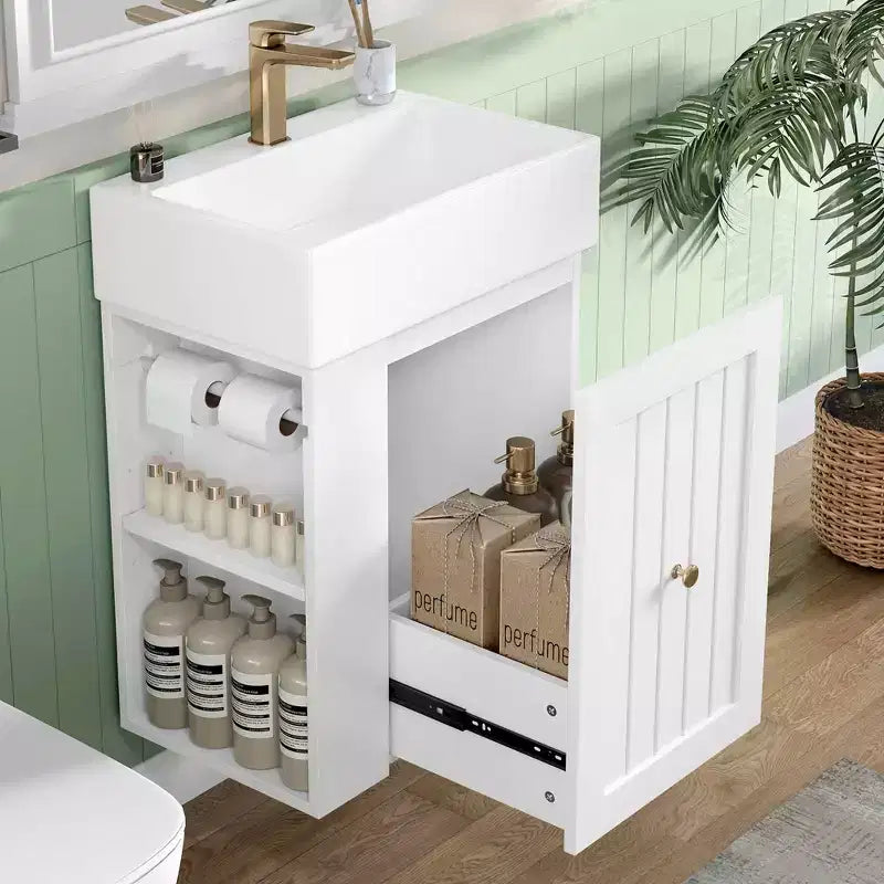 MAYEERTY 20 Tocador de baño Lavabo de cerámica Cajón de almacenamiento de MDF Estante lateral Tirador dorado Baño pequeño