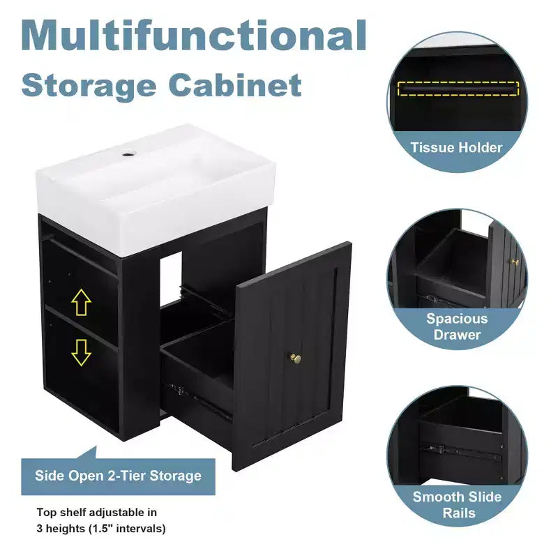 MAYEERTY 20 Tocador de baño Lavabo de cerámica Cajón de almacenamiento de MDF Estante lateral Tirador dorado Baño pequeño