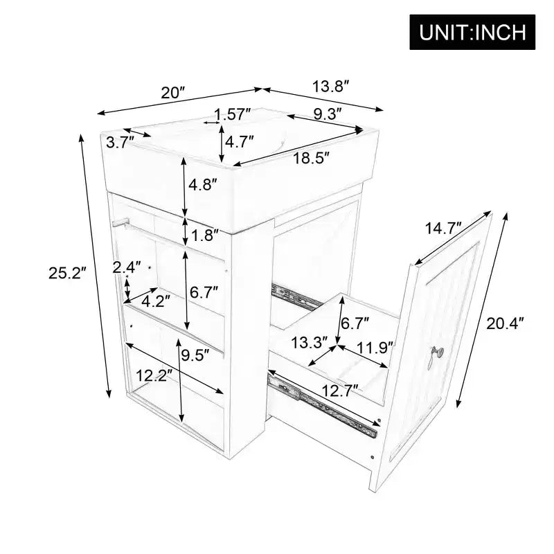 MAYEERTY 20 Tocador de baño Lavabo de cerámica Cajón de almacenamiento de MDF Estante lateral Tirador dorado Baño pequeño