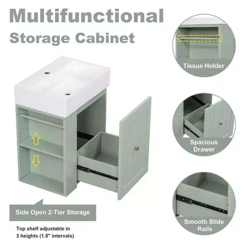 MAYEERTY 20 Tocador de baño Lavabo de cerámica Cajón de almacenamiento de MDF Estante lateral Tirador dorado Baño pequeño