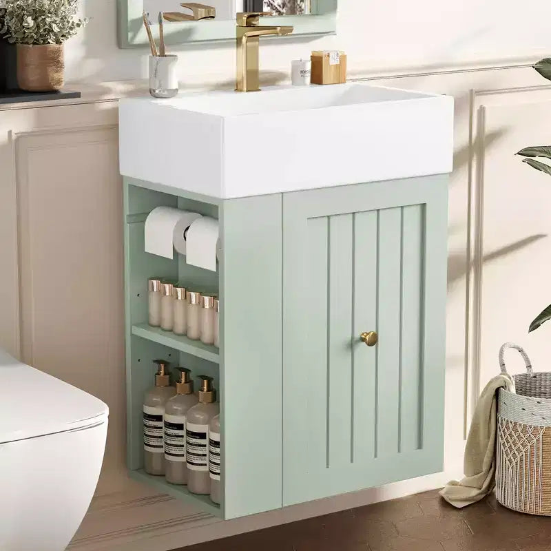 MAYEERTY 20 Tocador de baño Lavabo de cerámica Cajón de almacenamiento de MDF Estante lateral Tirador dorado Baño pequeño